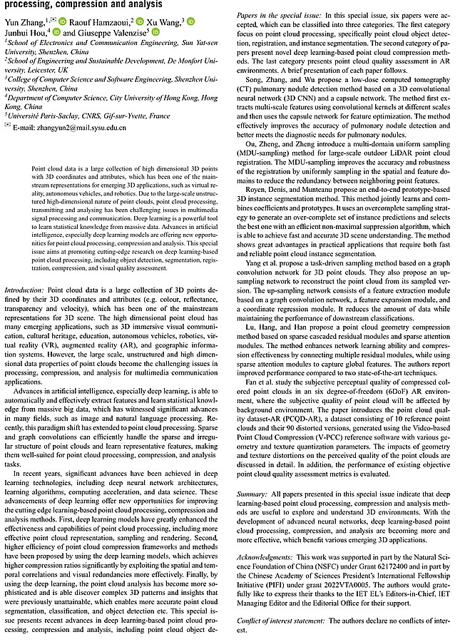 论文代表图：Guest Editorial: Deep Learning-Based Point Cloud Processing, Compression and Analysis